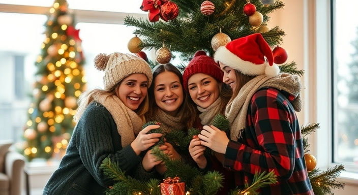 Friends at Christmas tree